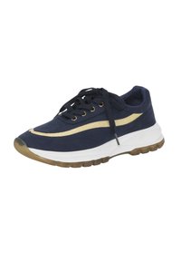 Navy blue athletic shoe with gold accents. Suede material, round toe, white midsole, and textured rubber outsole. Features six eyelets and laces.