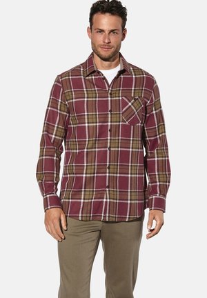 Burgunder-kariertes Button-Up-Hemd mit hellbraunen und weißen Karos. Verfügt über eine Brusttasche und lange Ärmel, gefertigt aus einem weichen Material.