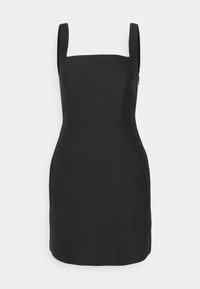 Robe sans manches noire avec un décolleté carré, silhouette ajustée, texture lisse et fermeture éclair invisible sur le côté. Design simple et moderne.
