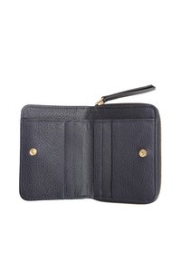 Navy leather wallet with a zip closure, featuring multiple card slots, a coin compartment, and gold hardware accents. Textured finish.