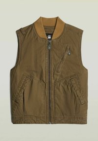 Gilet verde oliva con colletto a coste, cerniera frontale e due tasche laterali. Presenta una piccola tasca con zip sul petto sinistro.