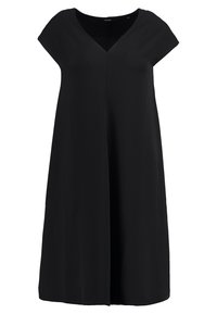 Černé šaty vyrobené z lehké, hladké tkaniny. Mají výstřih do V a rukávky na ramena, s uvolněným, áčkovým střihem. Bez viditelných vzorů nebo kovových prvků.