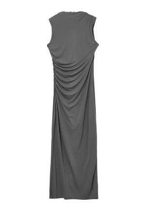Graues ärmelloses Maxikleid aus elastischem Material, mit gerafften Details an den Seiten und einem subtilen Drapée-Effekt.