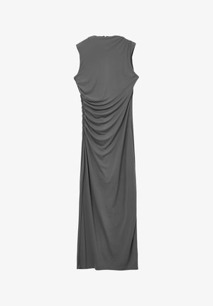 Graues ärmelloses Maxikleid aus elastischem Material, mit gerafften Details an den Seiten und einem subtilen Drapée-Effekt.