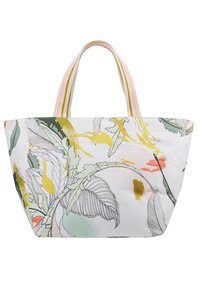 Grand sac fourre-tout en tissu présentant un motif floral jaune, vert et rose. Le sac possède deux anses rayées et une texture douce.