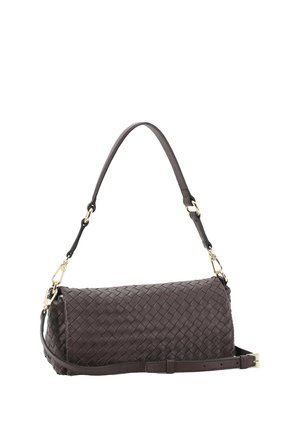 Dark brown woven leather shoulder bag with gold clasps and an adjustable strap against a white background.