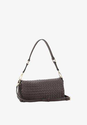 Dark brown woven leather shoulder bag with gold clasps and an adjustable strap against a white background.