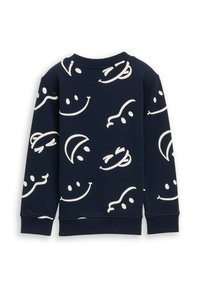 Sweat-shirt bleu marine avec des motifs de visages souriants blancs. Fabriqué en tissu doux avec des poignets côtelés et un col ras du cou.