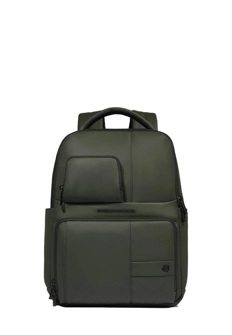 Green synthetic backpack with two zippered pockets, padded straps, and a prominent logo. Textured surface and structured design.