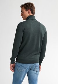 Pulover tricotat verde cu guler înalt, mâneci lungi și tivuri și margini ribbate. Purtați-l cu blugi din denim albastri, evidențiind o siluetă casual.