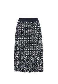 Jupe plissée marine avec un motif chevron abstrait blanc, taille élastique, tissu léger, design mi-long. Convient pour une tenue décontractée.