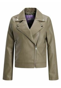 Giacca da motociclista in pelle verde oliva con zip asimmetrica, colletto a revers, due tasche con zip e texture liscia. All'interno presenta un rivestimento viola.
