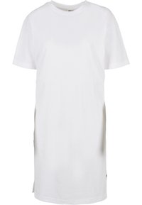 Hvid bomulds t-shirt kjole med korte ærmer, rund halsudskæring, lige snit og sidesplitter for let bevægelse. Ingen synlige mønstre eller dekorationer.