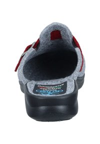 Gray felt clogs with a black rubber sole. Features red accents and an adjustable metal buckle. Open back design for easy wear.