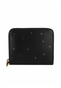Portafoglio in pelle nera con lettere dorate che spellano "LIEBESKIND." Presenta una chiusura con zip e una texture liscia, design rettangolare compatto.