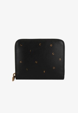 Portefeuille en cuir noir avec des lettres dorées inscrivant "LIEBESKIND." Il dispose d'une fermeture zippée et d'une texture lisse, avec un design rectangulaire compact.