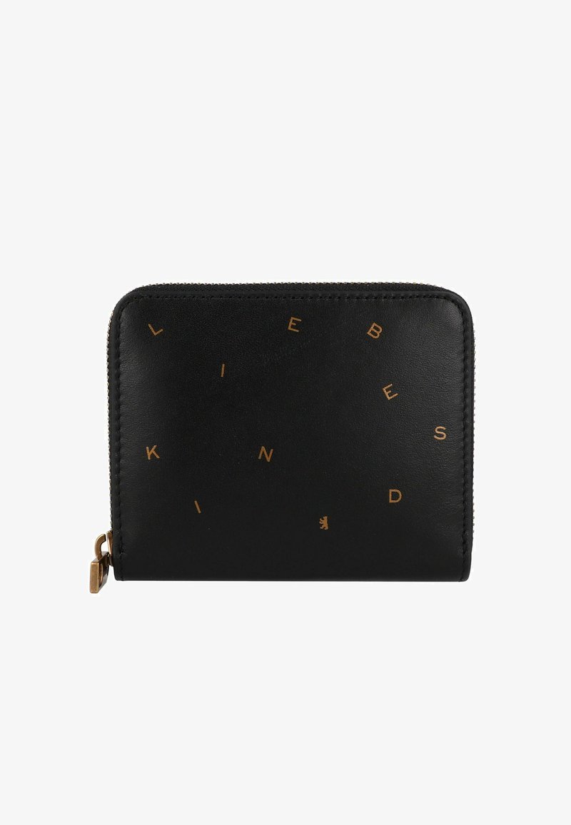 Schwarzes Lederportemonnaie mit goldenen Buchstaben, die "LIEBESKIND" spellmen. Verfügt über einen Reißverschluss und eine glatte Textur, kompaktes rechteckiges Design.