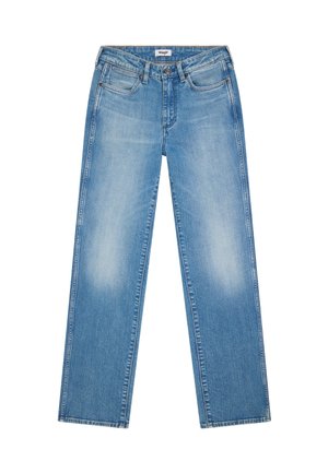 Gaiši zili taisnas kājas džinsa džinsi ar priekšējām kabatām, jostas cilpām, pogas aizdari un izbalējušām detaļām augšstilbos, ar Wrangler etiķeti.