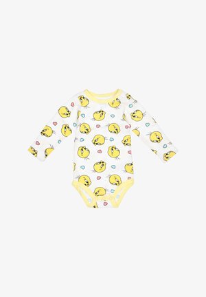 Long-sleeve bodysuit in white cotton with yellow trim. Features repeated cartoon yellow bird faces and heart shapes in pink and blue.