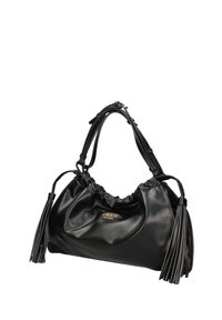 Borsa a mano in pelle nera con corpo morbido, parte superiore arricciata e lunghi dettagli a frange. Presenta doppi manici e un'elegante branding dorata.