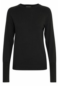 Maglione nero a manica lunga realizzato in un tessuto lavorato a maglia liscio, con scollatura a girocollo e polsini a coste. Design semplice senza motivi visibili.