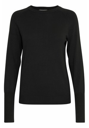 Pull noir à manches longues fabriqué en tissu tricoté lisse avec un col rond et des poignets côtelés. Design simple sans motifs visibles.
