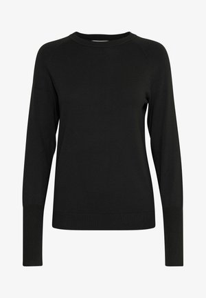 Suéter negro de manga larga hecho de una tela de punto suave, con un cuello redondo y puños acanalados. Diseño simple sin patrones visibles.