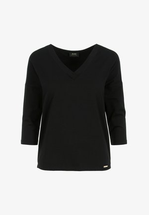 Czarny top z dekoltem w serek i rękawami o długości trzech czwarte, wykonany z miękkiego materiału, z delikatnym akcentem logo na dole oraz luźnym krojem.