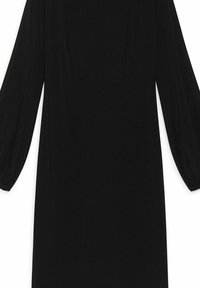 Abito nero con maniche lunghe e larghe e taglio dritto. Il tessuto sembra liscio e leggero, senza motivi o accenti visibili.