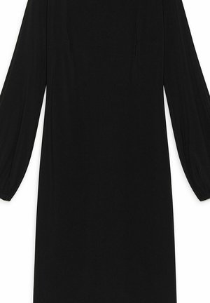 Schwarzes Kleid mit langen, lockeren Ärmeln und geradem Schnitt. Der Stoff wirkt glatt und leicht, ohne sichtbare Muster oder Akzente.