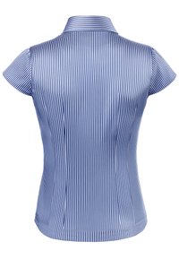 Blue and white striped shirt with a collared neck, short sleeves, and a fitted design, made from lightweight fabric with a smooth texture.
