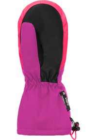 Handschuhe in lebhaftem Pink, Schwarz und Violett mit einer wasserdichten Außenseite, elastischem Handgelenk und einer strukturierten Handfläche für besseren Grip. Verfügt über einen verstellbaren Verschluss.