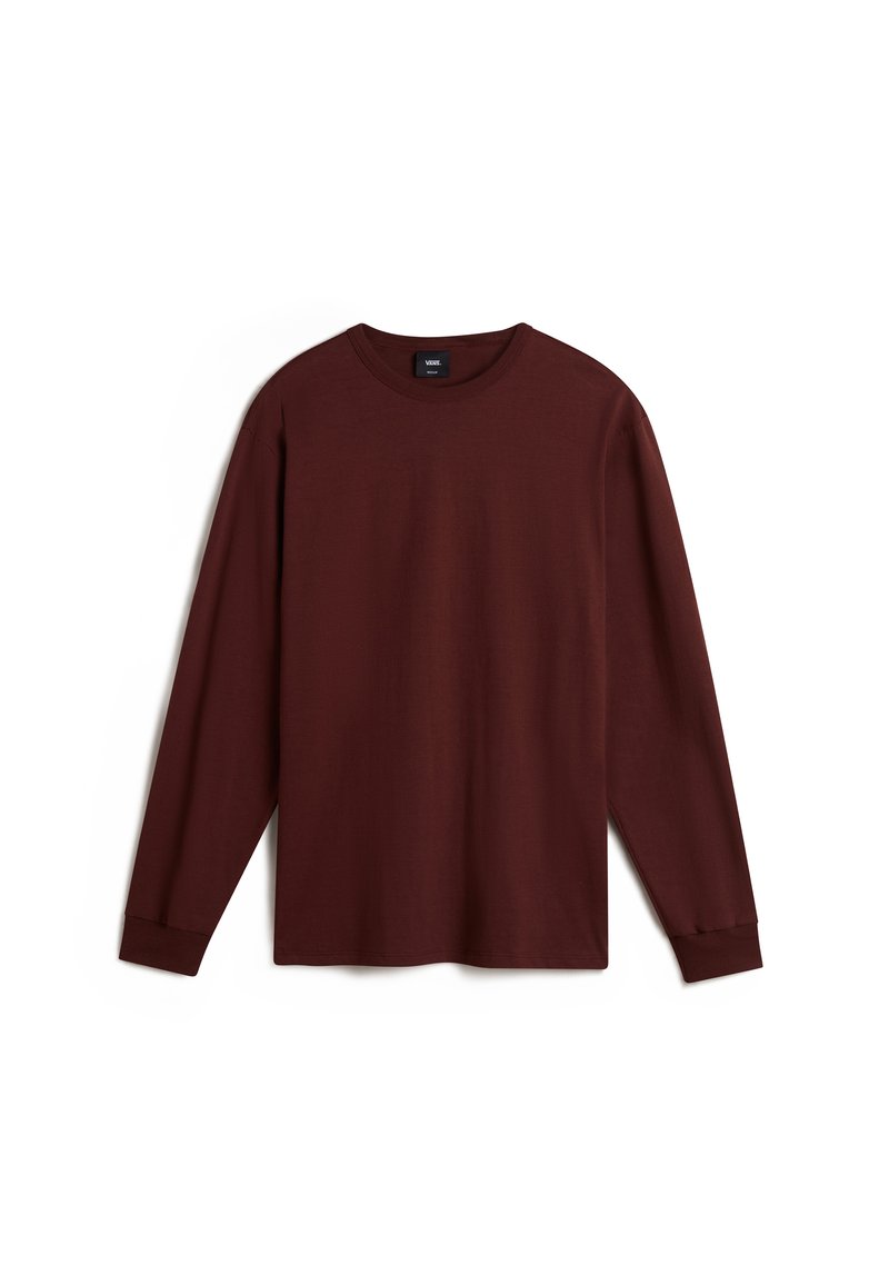 T-shirt z długim rękawem w głębokim burgundzie, wykonany z miękkiej bawełny, z okrągłym dekoltem i prostym dołem, bez wzorów czy ozdób.