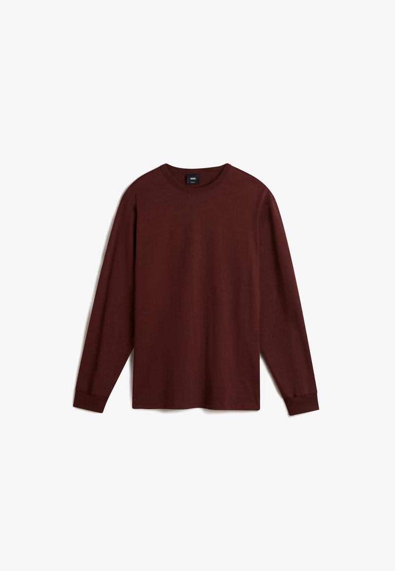 T-shirt z długim rękawem w głębokim burgundzie, wykonany z miękkiej bawełny, z okrągłym dekoltem i prostym dołem, bez wzorów czy ozdób.