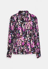 Camicia con bottoni su uno sfondo nero che presenta un motivo astratto vibrante nei colori rosa, viola, beige e blu. Maniche lunghe, colletto classico.