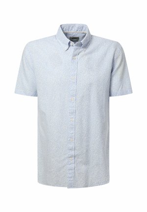 Lichtblauw overhemd met korte mouwen, subtiel wit bloemenpatroon en een button-down kraag.