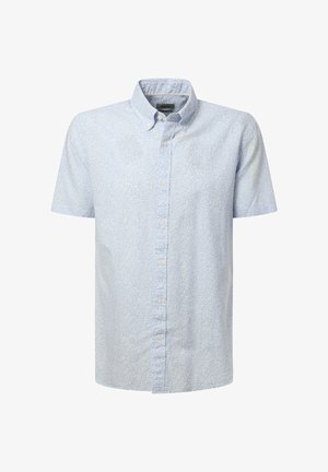 Lichtblauw overhemd met korte mouwen, subtiel wit bloemenpatroon en een button-down kraag.