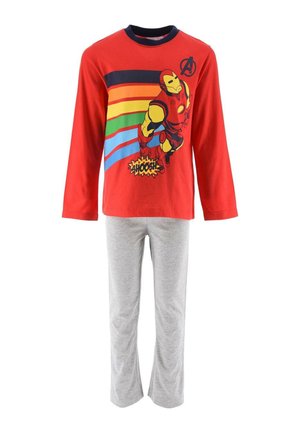 Red long-sleeve top with Iron Man graphic and colorful stripes paired with plain light gray pants kids' outfit.