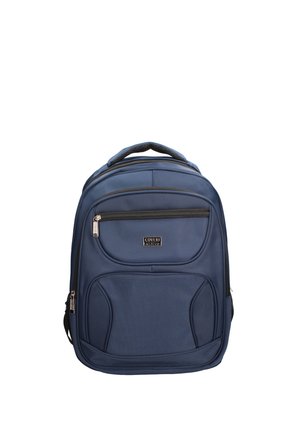 Sac à dos bleu marine avec poignée supérieure, deux compartiments avant zippés et étiquette « Coveri active » centrée sur la poche avant.