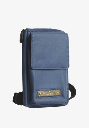 Blue fabric phone pouch with a zip closure, flap pocket, and a metal brand plate. Includes an adjustable strap for carrying.
