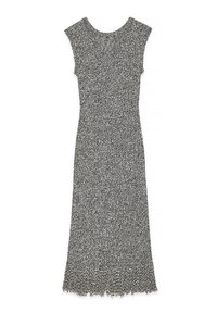 Adīta kleita melnā un baltā krāsā ar pieguļošu siluetu, īsām piedurknēm un frizētu apakšmalu. Gluda tekstūra ar taisnu griezumu.