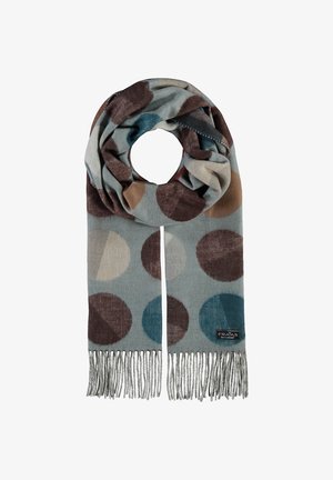 Écharpe tricotée avec une base bleu clair, ornée de grands cercles multicolores en marron, bleu canard et beige, finie avec des franges grises.