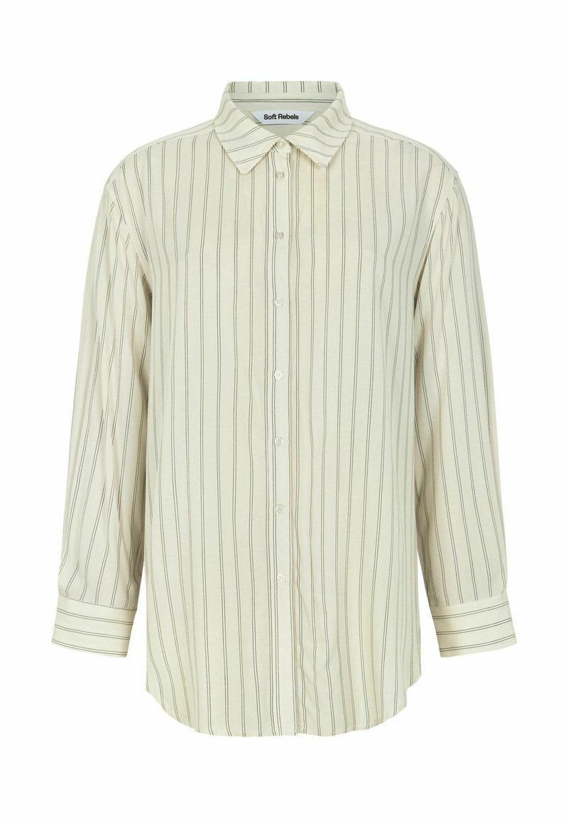 Koszula zapinana na guziki w kolorze kremowym w cienkie czarne pionowe paski, z klasycznym kołnierzykiem, długimi rękawami i luźnym krojem.