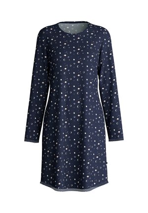 Robe bleu marine à manches longues, ornée d'un motif de lunes et d'étoiles dans des couleurs claires. Détail d'ourlet et d'encolure à volants.