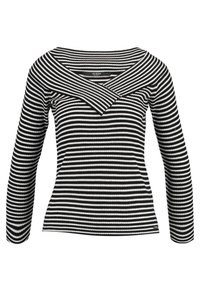 Top a maniche lunghe a righe bianche e nere con scollatura ampia e off-shoulder, realizzato in tessuto testurizzato, con una silhouette aderente.