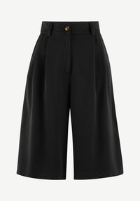 Černé plisované culoty s vysokým pasem, širokými nohavicemi a jediným předním knoflíkem. Vyrobeno z hladké, texturované tkaniny.