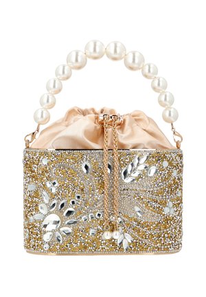 Kis téglalap alakú arany színű kis kézitáska kristály- és drágakő virágmintákkal, gyöngy fogantyúval és bézs szatén húzózsinóros erszénnyel belül.