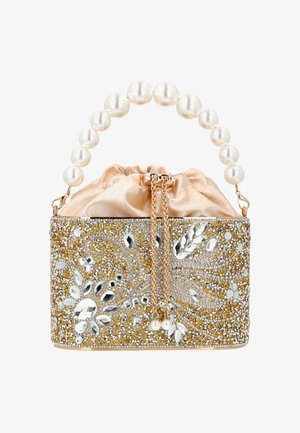 Kis téglalap alakú arany színű kis kézitáska kristály- és drágakő virágmintákkal, gyöngy fogantyúval és bézs szatén húzózsinóros erszénnyel belül.