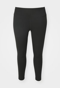 Sorte leggings lavet af strækbart stof, med høj talje og hel længde. Glat tekstur uden synlige mønstre eller accenter.