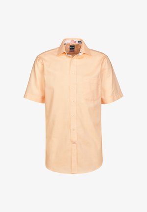 Camicia a maniche corte in cotone di un leggero color pesco. Caratterizzata da una tasca sul petto, chiusura con bottoni e collo interno a motivo. Tessuto morbido.